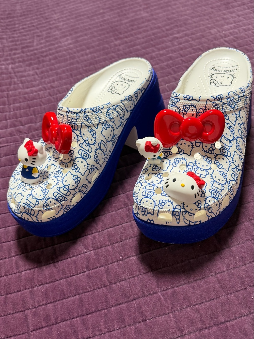 Hello Kitty White & Blue Platform Sandals with Red Bow Charms M 10/ W 12.